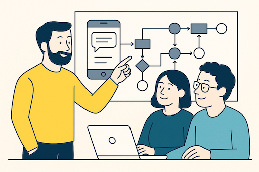 Image illustrating a team of three people working through a work flow in hopes of identifying app use-cases and personas