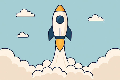 Illustration of rocket launch with rocket breaking through the clouds.