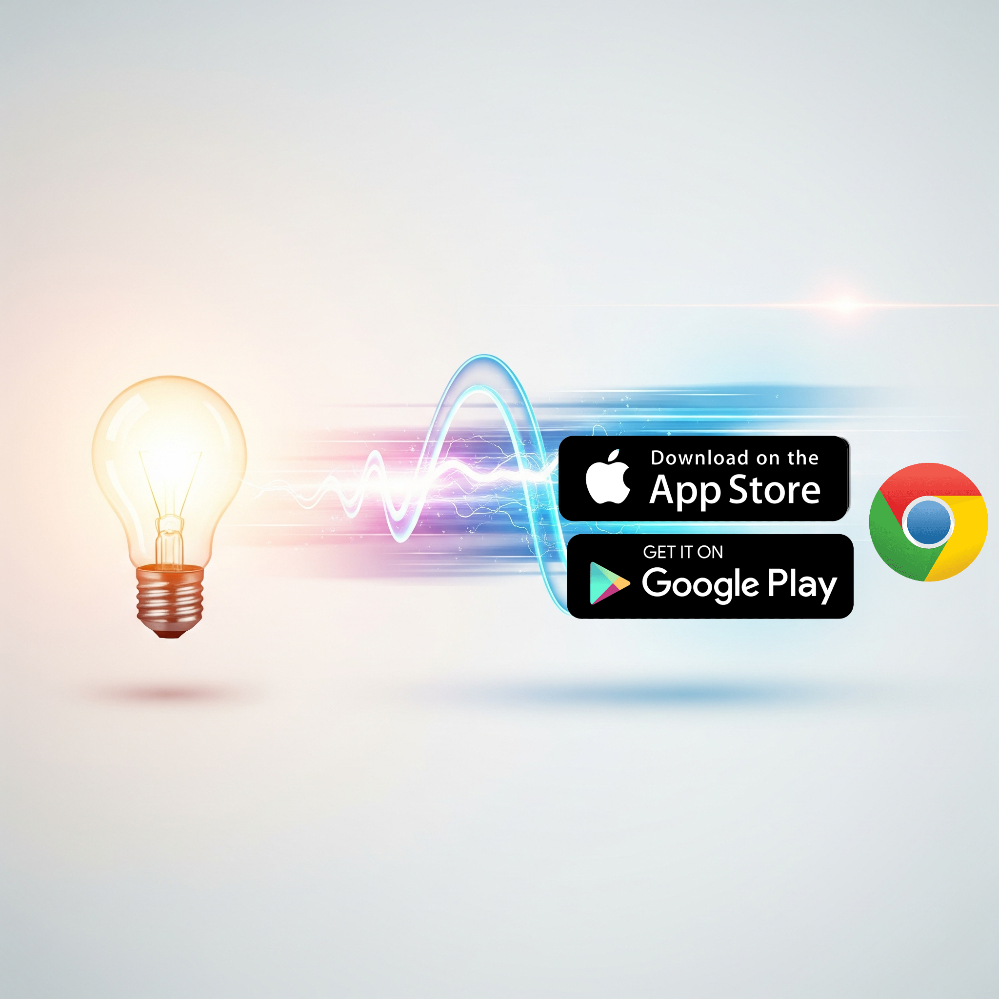 Image of a lightbulb transfering into app store icons with a web icon