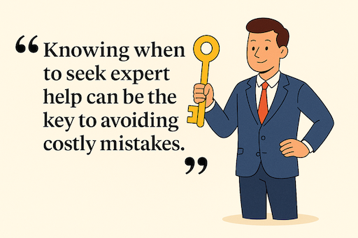 Illustration of animated person holding a key with a quote that reads 'Knowing when to seek expert help can be the key to avoiding costly mistakes.'