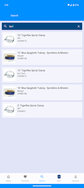 Product search results list within the app
